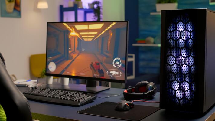 Empty room with nobody in it with professional gaming equipment. Pro gamer using powerful computer for first person shooter game during online competition