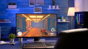 Close-up of empty gaming studio equipped during first person shooter online competition. Streaming studio with professional setup with powerful computer ready for online championship photo
