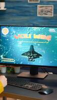 Professional esports gamer playing on computer game, happily and cheerfully celebrates victory and success. Online cyber gaming tournament live streaming event using technology network wireless photo