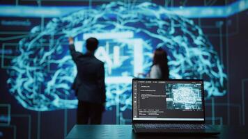 Engineers use AR tech to visualize AI neural networks brain, solving company problems. IT professionals using artificial intelligence augmented reality hologram, camera B photo