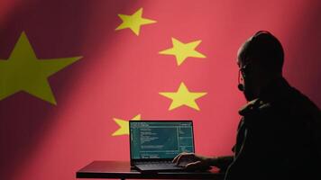 China military engineer creating fake accounts on social media to persuade other nations to act in the Chinese government interests. CCP intelligence operator spreading misinformation online, camera B photo