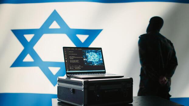 Israeli programmer making bot accounts on social networks using AI machine learning. Technician working for Mossad building artificial intelligence algorithms to spread fake news, camera B photo