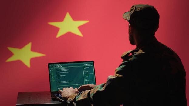 Chinese programmer making bot accounts on social networks promoting communist ideology. Technician working for CCP intelligence agency building algorithms to spread fake news photo