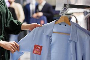 Close up of unrecognizable woman shopper looking at clothes with red discount tag while shopping in outlet store during Black Friday. Female customer holding shirt making purchases in sale season photo