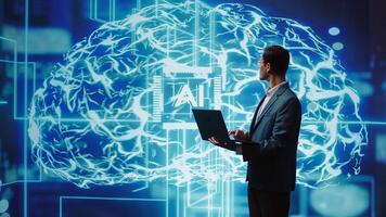 IT expert solving tasks on laptop device, running artificial intelligence programming scripts. Indian man using notebook to write lines of code for AI applications development, camera B photo