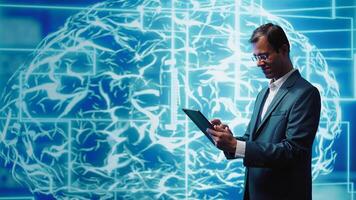 IT specialist coding on tablet, programming artificial intelligence computing simulating human brain. Programmer using technology gear to build AI machine learning algorithms, camera B photo