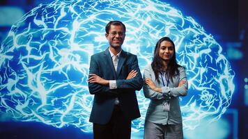 Portrait of smiling team of technicians implementing artificial intelligence parallel processing, breaking up complex computational tasks enabling AI systems to process data faster, camera B photo
