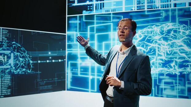 Smiling public speaker hosting AI convention gathering tech startups managers and academics. IT expert moderating symposium, teaching industry workers how to tap into artificial intelligence, camera B photo