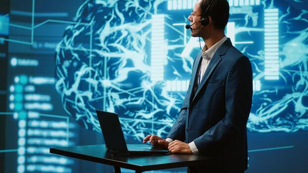 Speaker talking with audience during remote call online AI webinar hosting leading experts and researchers exploring latest insights in artificial intelligence technology, camera A photo