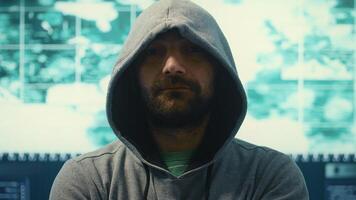 Governmental hacker works with secure data on a computer network, espionage agency big screen. Cybersecurity measures to protect against digital threats and data breaches. Camera B. photo
