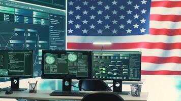 Empty digital operations room with an american flag running on big screen, emphasizing network security and cyber safety. Advanced technology and hacking tools for national security. Camera A. photo