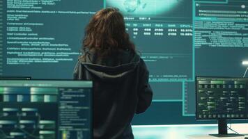 Hackers team engaging in governmental espionage and using phishing techniques for illegal access to data, working on national security breach. Spyware agency gains access on a big screen. Camera A. photo