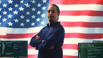 An American hacker in a governmental cyber defense room, showcasing advanced technology and hacking tools. Working on cybersecurity monitoring, digital security and national security. Camera A. photo