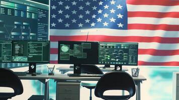 Empty governmental surveillance room shows an American flag, cybersecurity and data protection. High tech operations center focusing on threat and malware detection, security protocols. Camera A. photo