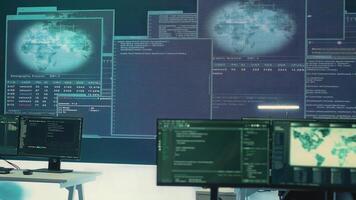 High tech empty surveillance room for cyber security monitoring. Governmental agency protecting against cyber threats, cybercrime and data breaches with advanced technology. Hybrid warfare. Camera A. photo