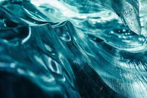 Blue ice cap in vatnajokull crevasse, massive transparent icy glacier in iceland. Inside ice caves with cracked ice rocks covered in frost, nordic landscapes with ice mass pathway. photo