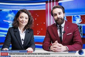 Newscasters team reveal AI progress on live television program, announcing breaking news about experts developing artificial intelligence. Media presenters commenting on high tech. photo