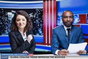 Presenters talk about new weather heat, experts launching global cooling trend to improve temperature during summer. Team of diverse newscasters present modern alternatives on live broadcast. photo