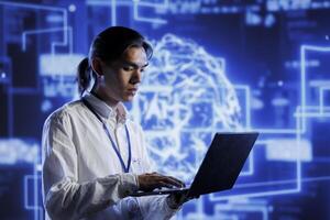 Engineer in server room uses device for artificial intelligence computing simulating human brain through self learning algorithms. Cloud computing business executive works with AI deep neural networks photo
