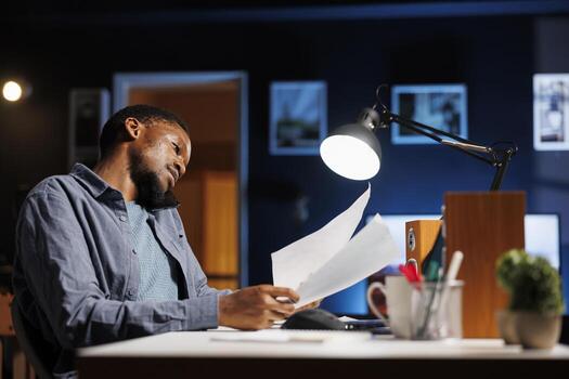 Legal advisor talking on phone call with accountant after seeing financial resources balance on monthly reports. Expert evaluating risk of new investment, calculating cost and revenue elements. photo