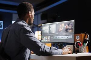 maker editing montage clips on coloring software at home, working on color correction and motion graphics to edit footage. Content creator editing clips on toolbar panels. photo