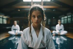 A focused young girl in a karate uniform with a black belt stands confidently at the forefront of her peers during training session. photo