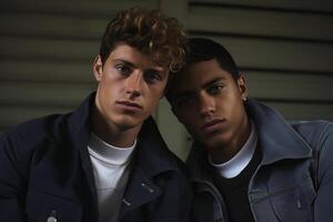 Two young men, one with curly blonde hair and the other with short black hair, stand side-by-side in front of a wooden wall, posing for a portrait. They are both wearing casual clothing. photo
