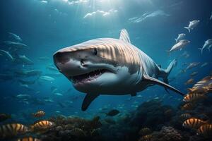 A shark in the water with its mouth wide open, displaying rows of sharp teeth. photo