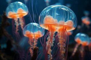 Multiple jellyfish swim gracefully in the water, their transparent bodies catching the light as they move together. photo