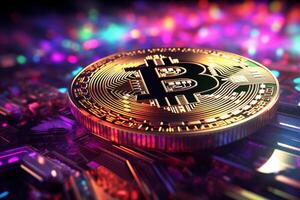 Close-up shot of a golden Bitcoin coin lying on a wavy surface with blurred lights in the background. photo
