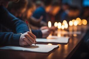 People writing on paper by candlelight with a focus on one persons hand and pen. photo