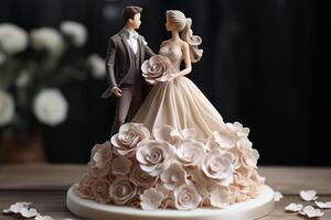 A close-up image of a wedding cake topper depicting a bride and groom. The bride wears a white gown with a long, flowing train made of delicate rose petals. The groom is dressed in a classic tuxedo. photo