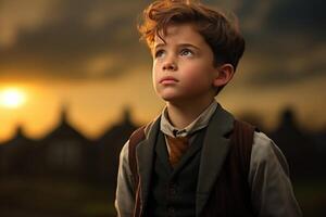 A child looks upward, his gaze fixed on the vast expanse of the sky above him. photo