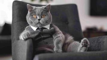 Humorous portrait of grey cat sitting in armchair photo