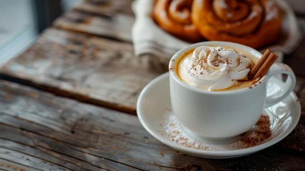 Autumn spice latte in cup with cinnamon stick photo