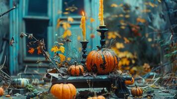 Grimy pumpkins with spider webs and candles photo