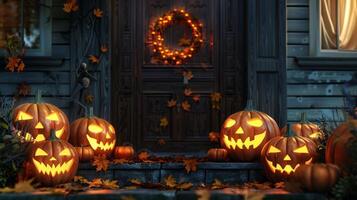 Front door of house decorated with jack o lanterns photo