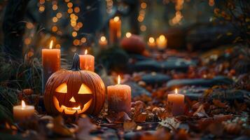 Glowing jack o lantern surrounded by candles in a dark, enchanted forest setting. Perfect for Halloween ambiance with autumn leaves and soft bokeh lights in the background photo