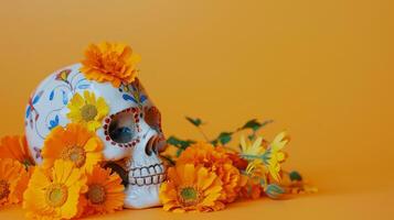 Decorated sugar skull surrounded by marigolds photo