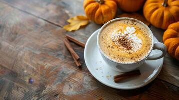 Pumpkin spice latte in a white cup with cinnamon photo
