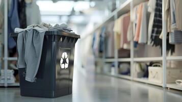 Recycling bin filled with garments in modern store photo