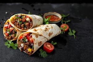 Restaurant menu template om dark background with traditional Tasty Mexican burritos with fresh vegetables, ground meat, and beans in soft tortillas, served with cherry tomatoes and sauce photo