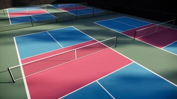 Pickleball courts that are empty, with floors in red, blue, and green colors with white lines, surrounded by trees, and equipped with lights, fencing, and seating photo