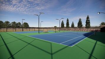 outdoor tennis court with a blue and green surface, equipped with floodlights and lined with spectator benches photo