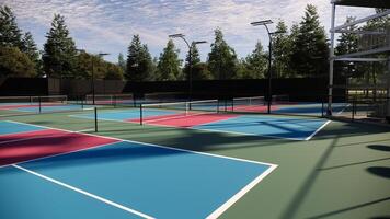 A view of empty pickleball courts featuring red, blue, and green floors with white lines, surrounded by trees, and equipped with lights, fencing, and seating photo