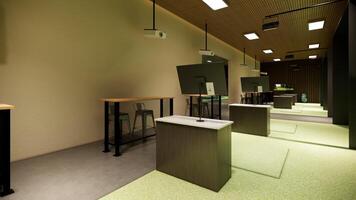 3D visual of an indoor golf simulator with a hitting station, projection screen, and seating area photo