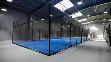 vertial view of empty green and blue corner view of padel tennis courts inside a warehouse building, situated in the sports complex facility area. With lighting fixtures illuminated during the day photo