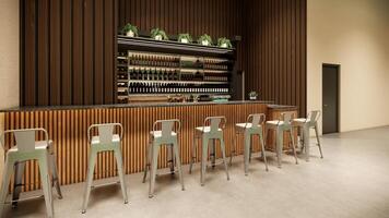 front view wooden bar counter with chairs with a variety of liquor bottles photo