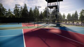 Empty pickleball courts with red, blue, and green floors marked by white lines, complete with lights, fencing, seating, and trees around the area photo