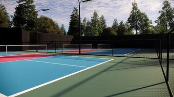 Empty pickleball courts featuring red, blue, and green floors with white lines, equipped with lights, fencing, seating, and trees surrounding the area photo
